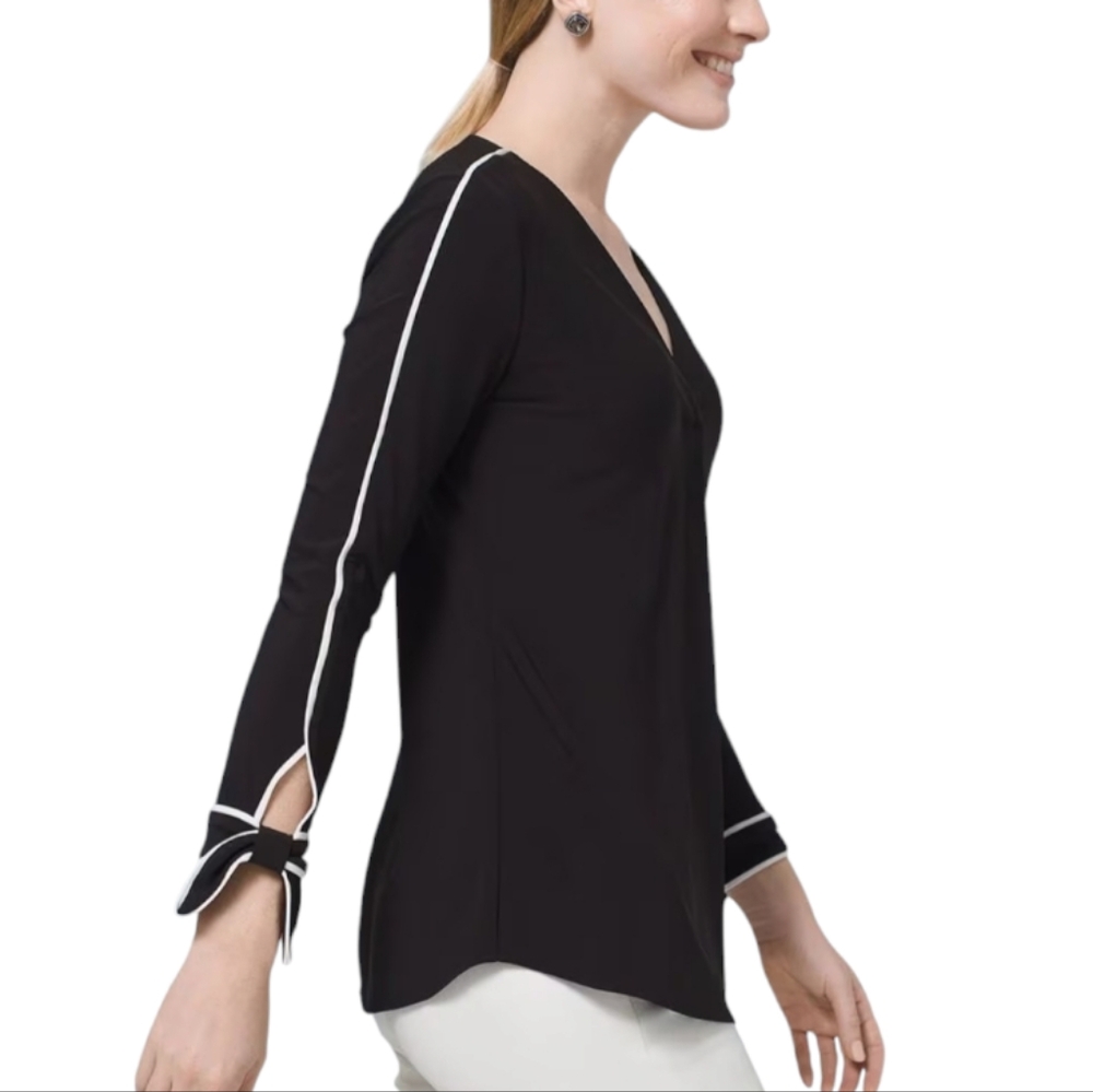 White House Black Market V-Neck Black Blouse with White Accents - Picture 2 of 9
